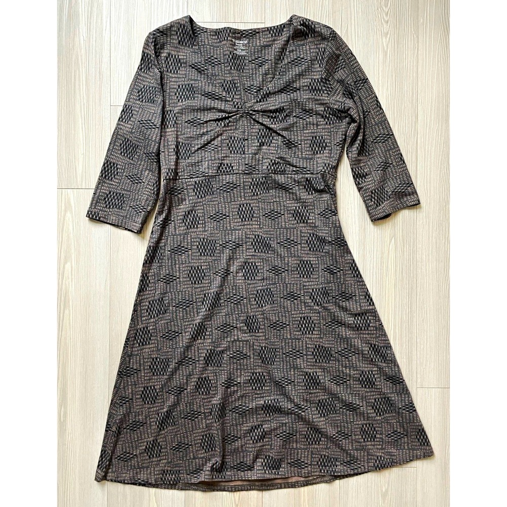 Toad&Co Women's Brown Geometric Print V-Neck Neutral A-Line Dress Sz S Teacher